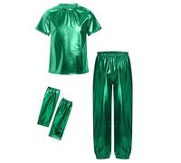 MSemis Traje Brillante de Baile Hip-Hop Niños Camiseta Metálica de Mangas Cortas con Pantalones y Guantes para Baile Jazz y Fiestas Temáticas Verde 7-8 años