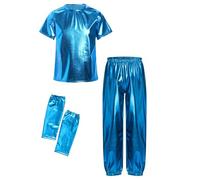 MSemis Traje Brillante de Baile Hip-Hop Niños Camiseta Metálica de Mangas Cortas con Pantalones y Guantes para Baile Jazz y Fiestas Temáticas Azul Claro 5-6 años