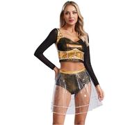 MSemis Traje de Cosplay de la Música Six para Damas Traje de Baile de Teatro Musical Conjunto de Crop de Manga Larga con Falda Dorado S