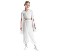 MSemis Traje de Gimnasia Rítmica para Niña Traje Ballet Danza Lírica de Gasa Clásica con Crop Top y Pantalones Bombachos de Baile Blanco 5-6 años