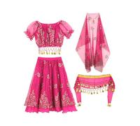 MSemis Trajes de Baile de Vientre Niñas de 4 Piezas con Lentejuelas y Franges Traje de Danza Oriental Disfraz de Bailarina del Vientre para Espectáculos Rosa Caliente 11-12 años