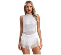 MSemis Vestido de Baile Latino Mujer Performance Maillot con Flecos Y Lentejuelas Vestido Patinaje Artistico sin Mangas Maillot Baile de Salón Tango Rumba Cha-Cha Blanco L