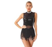 MSemis Vestido de Baile Latino Mujer Performance Maillot con Flecos Y Lentejuelas Vestido Patinaje Artistico sin Mangas Maillot Baile de Salón Tango Rumba Cha-Cha Negro M