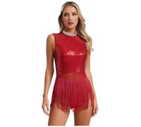 MSemis Vestido de Baile Latino Mujer Performance Maillot con Flecos Y Lentejuelas Vestido Patinaje Artistico sin Mangas Maillot Baile de Salón Tango Rumba Cha-Cha Borgoña M
