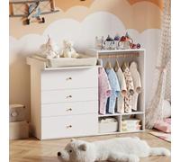 MSFE Cambiador Bebe con 4 Cajones, área para colgar ropa, Mueble Cambiador bebe, Cómoda cambiadors, Estantes laterales,No incluye cojín de mesa, 150x112x38cm, fino a 100KG, Dos paquetes