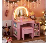 MSFE Mesa de Maquillaje con Espejo y luz LED para Niñas 3 en 1 Tocador Infantil de Madera Tocador de Mesa y Taburete de Princesa con Estante Abierto Centro de Belleza Tocador para niñas 8 años+, Rosa