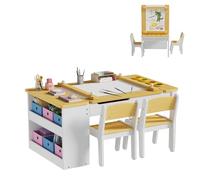 MSFE Mesa Infantil Madera con Sillas,Escritorio de Caballete de Madera para Niños Pequeños con 6 Cajas de Almacenamiento con 2 Sillas de Maderas, Mesa de Juego para Niños,104 * 60 * 53CM