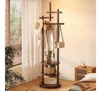 MSFE Perchero giratorio de madera con 3 barras, 3 estantes redondos, perchero con estante para zapatos, para ropa, sombrero, bolso, ahorrar espacio