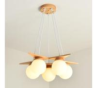 MSGIRVLZL Lustre De Salle À Manger À 5 Lumières, Suspension En Bois Avec Abat-Jour Boule De Verre Blanc, Lampe Suspendue En Rondins Pentagonaux, Douille G9, Lampes À Suspension Simples Et Modernes Pou