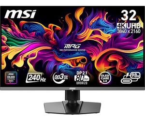 MSI MPG 322URX QD-OLED 32 Pulgadas 3840 x 2160 (UHD) Monitor de computadora, 240 Hz, sincronización adaptativa, HDMI, Puerto DP, Montaje VESA, inclinación, Altavoz, 0.03 ms, Negro