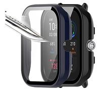 Msiall [2 piezas] negro azul con protector de pantalla de cristal templado para Amazfit GTS 4 Mini, funda de PC de dureza 9H, parachoques, funda protectora completa delgada para Smart Amazfit GTS 4
