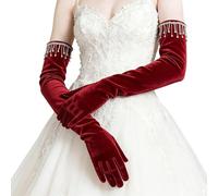 Msioytog Guantes largos aterciopelados con detalles de diamantes de imitación brillantes para calidez en eventos de graduación, perfectos para bodas y fiestas, guantes elegantes de ajuste cómodo