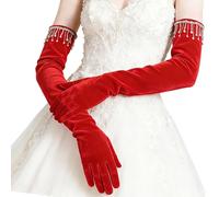 Msioytog Guantes largos aterciopelados con detalles de diamantes de imitación brillantes para calidez en eventos de graduación, perfectos para bodas y fiestas, guantes elegantes de ajuste cómodo