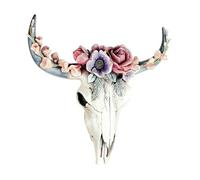 Mskidand Decoración de pared de calavera de vaca de cuerno largo de resina, decoración de pared de calavera de vaca con flores, decoración de guardería, adorno de resina con colgante, S