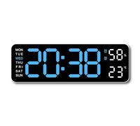 Mskidand Reloj de Pared Digital Grande Pantalla de Temperatura y Humedad Semana Reloj Despertador de Mesa LED Electrónico 12/24H Azul