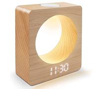 Mskidand Reloj Despertador Digital LED de Madera Maciza con Luz 3 Ajustes de Alarma DeteccióN de Temperatura para el Dormitorio