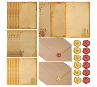 MSLSOZ Juego de 48 piezas de papel de carta vintage y sobre, incluye 24 hojas de papel de carta de amor de 21 x 14.5 pulgadas, 12 sobres vintage de 14 x 19 pulgadas, 12 calcomanías de sello de cera