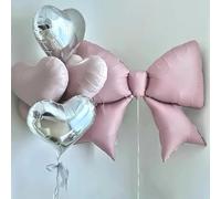 MSLSOZ Juego de globos de lazo, 12 globos grandes y elegantes de coqueta y corazón para cumpleaños, boda, compromiso y fiesta (2 lazos + 4 plateados + 6 rosas), decoración rosa grande para suministros