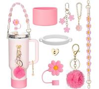 MSLSOZ Stanley - Juego de accesorios para tazas Stanley, 8 accesorios de copa Stanley rosa, funda de popote reutilizable, botas, cadena tejida a mano, dijes para vaso Stanley Cup de 30 onzas y 40