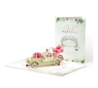MSLSOZ Tarjeta de Felicitación 3D Pop-up para Bodas, Diseño Vintage con Coche y Flores, Tarjeta de Aniversario para Recién Casados con Sobre Dorado