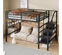 MSMOK Cama alta, estantes, escalera de almacenamiento, espacio libre debajo de la cama para vestirse, sin colchón, barandilla (negro, 140 x 200 cm)