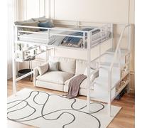 MSMOK Cama alta, estantes, escalera de almacenamiento, espacio libre debajo de la cama para vestirse, sin colchón, barandilla (blanco, 140 x 200 cm)