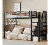 MSMOK Cama alta, estantes, escalera de almacenamiento, espacio libre debajo de la cama para vestirse, sin colchón, barandilla (negro, 90 x 200 cm)