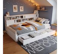 MSMOK Cama infantil de 140 x 190 cm, sin colchón, cama individual, cama infantil multifuncional con cajones, estante y armario de almacenamiento, cama con espacio de almacenamiento, color blanco