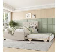 MSMOK Cama tapizada, 90 x 200 cm, cama con somier (sin colchón), cama con cajonera con ruedas, terciopelo, minimalista (beige)