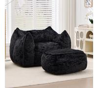 MSMOK Giant Faux Fur Bean Bag Sofa for Adults & Kids, with Pillow & Ottoman, Comfy Reading Gaming, for Bedroom Living Room, Negro
