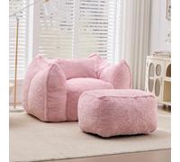 MSMOK Giant Faux Fur Bean Bag Sofa for Adults & Kids, with Pillow & Ottoman, Comfy Reading Gaming, for Bedroom Living Room, Rosa
