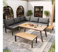 MSMOK Juego de salón de jardín para 6 - 7 personas, adecuado para jardín, balcón, terraza, resistente a la intemperie, conjunto de comedor moderno, estructura de hierro galvanizado, mesa con cubo de