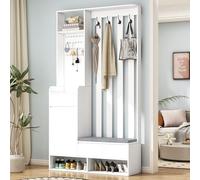 MSMOK Perchero de pasillo con banco de almacenamiento acolchado, color blanco, 180/B100/T35 cm, zapatero multifuncional con panel ranurado, moderno perchero con 4 ganchos para entrada, lavandería