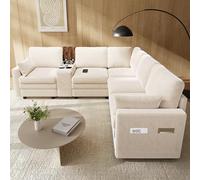 MSMOK Sofá esquinero de 5 plazas, sofá nube con consola, color beige, puertos USB y soporte para bebidas, consola central reversible con espacio de almacenamiento, sofá modular en forma de L para