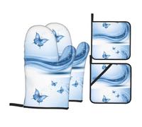 MSRHIUEF Blue Butterfly Prints - Juego de 4 piezas para hornear con 2 guantes aislados y 2 almohadillas para tapa de olla para cocina y microondas