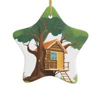 MSRHIUEF Colgante de estrella de cerámica con diseño de cabaña en una rama de árbol, fácil de colgar, muy adecuado para decorar árboles de Navidad