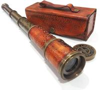 MSSI Telescopio de trabajo antiguo/réplica de vidrio espía en caja de cuero, con óptica de vidrio, extensible hasta 40.6 cm, hecho de latón puro, alcance decorativo