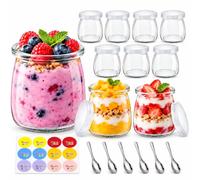 Mssushi 10 Vasos Yogurtera Cristal 200ml, con 6 Cuchara de Acero Inoxidable | Tarros de Yogur Transparentes con Tapa Hermética, Etiquetas, para Postres, Mermeladas, Miel, Yogur Casero, Pudín