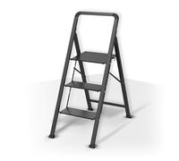 MSV, 3 pie, Plegable, Escalera Ligera, de Acero, máx. 150 kg, Revestimiento Antideslizante de los Pasos, Patas de Goma, Compacto, 62 x 42,5 x 108 cm, Negro Mate, aleado