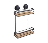 MSV Estante de Ducha con ventosas 2 Niveles bambú y Acero Negro Mate