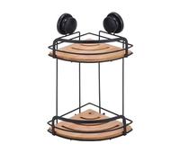 MSV Estante de Ducha esquinero con ventosas, 2 Niveles, bambú y Acero Negro Mate