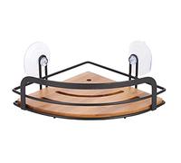 MSV Estantería de Ducha esquinera para baño, sin Agujeros, con ventosas, Acero y bambú, 21 x 21 x 9 cm, Color Negro Mate, aleado Madera, Duschregal 21.5 x 21.5 x 13 cm