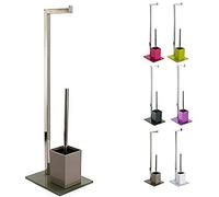 MSV - Inodoro 2 en 1 de Acero Inoxidable - Soporte para Inodoro con depósito extraíble - Escobillero y portarrollos - Cristal Color Topo - Ø30 cm - Altura 70 cm - Diseño Moderno y versátil