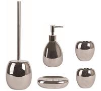 MSV - Juego de accesorios de baño (5 piezas, cerámica Dakhla, dispensador de jabón, escobilla, jabonera y vaso para cepillos de dientes), color plateado brillante
