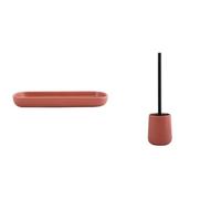 MSV Maonie Set de Baño Bandeja Cerámica + Escobilla WC Terracota | bordes elevados, superficie lisa, recipiente cerrado, cabezal recambiable, color terracota