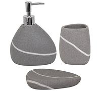 MSV Set de 3 accesorios de baño de poliresina, dispensador de jabón, jabonera, vaso para cepillos de dientes, gris piedra Zen