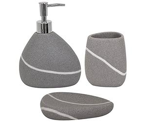 MSV Set de 3 Accesorios de baño de poliresina, dispensador de jabón, jabonera, Vaso para cepillos de Dientes, Gris Piedra Zen
