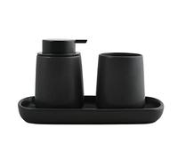 MSV Set de baño de 3 piezas de accesorios de baño de cerámica Maonie dispensador de jabón, bandeja de baño para joyas y vaso para cepillos de dientes, color negro