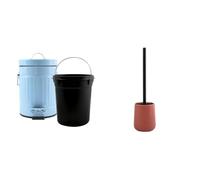 MSV Set de Baño Papelera 3 L + Escobilla WC Cerámica Azul y Terracota | tapa con cierre suave, cubo interior extraíble, recipiente cerrado, cabezal recambiable, azul / terracota