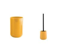 MSV Set de Baño Vaso + Escobilla WC Cerámica Azafrán | boca ancha, base estable, recipiente cerrado, cabezal recambiable, color azafrán